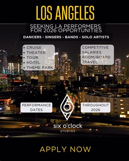 SIX O’CLOCK STUDIOS on Instagram: "🕺🏽🎭 SEEKING LOS ANGELES BASED PERFORMERS FOR 2025/2026 PERFORMANCE OPPORTUNITIES 🎭🎸 SIX O’CLOCK STUDIOS is seeking unrepresented, LA based performers for upcoming contracts in Winter 2025 & throughout 2026. •⁠ ⁠SINGERS •⁠ ⁠SINGER/DANCERS •⁠ ⁠DANCER/SINGERS •⁠ ⁠GLOBALLY DIVERSE DANCERS (strong jazz technique & partner work) •⁠ ⁠DANCER/AERIALISTS •⁠ ⁠ROCK BAND SINGERS •⁠ ⁠INSTRUMENTALISTS - Bass, Piano, Saxophone, Drums, Trombone, Trumpet, Electric Guitar •⁠