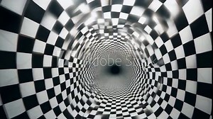 A visually captivating image of a hypnotic checkerboard tunnel illusion, featuring black and white patterns. The endless spiral creates a mesmerizing, abstract effect. Captured in modern, minimalist