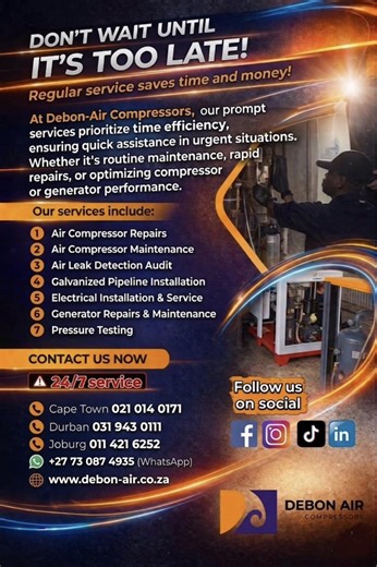 Our services at @Debon Air Compressors prioritize time efficiency, ensuring quick assistance in urgent situations. Whether it’s routine maintenance, rapid repairs or optimizing compressor or generator performance! #DebonAirCompressors #generator #compressor #performance #service