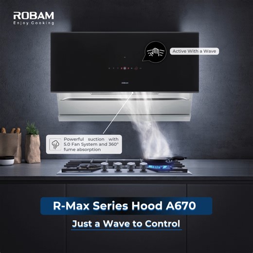 ROBAM R-Max Series Hood A670 — Effortless Gesture Control✨ 🙌Just a wave to control — hands-free convenience that activates your hood instantly. Cook smarter, not harder. 🖐️Intelligent Motion Activation Active with a wave — modern gesture technology senses your command and responds with precision. 💨Powerful Fume Suction Performance Powered by ROBAM’s advanced 5.0 Fan System, the A670 delivers strong suction and 360° fume absorption, capturing smoke and odors from every angle for a cleaner, fre