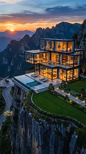 This Container House Sits on a Cliff Like a Billionaire’s Dream 🏔️✨ #LuxuryLiving #ContainerHome #DreamHouse Built from stacked shipping containers, this ultra-modern glass mansion overlooks breathtaking mountain views at sunset. A helipad, infinity pool, and panoramic glass walls turn industrial design into pure luxury. | Allday pedia