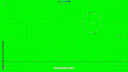 The green screen displays a digital interface with grid lines and targeting circles. This is useful for creating war and sci fi video projects. The animation can be edited to add scenes.
