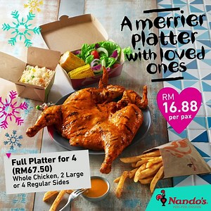 116K views · 412 reactions | Enjoy the festivities surrounded by loved ones with our Full Platter for 4! A merrier platter of Whole Chicken and 2 Large or 4 Regular Sides at RM16.88 per pax only. Perfect for a year-end celebration!  | Nando's | Facebook