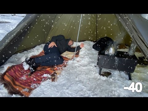 Extreme winter snow storm -40C FREEZING COLD WINTER CAMPING ALONE in a HOT TENT