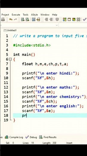 program to calculate five subjects marks and find out total & average || in c programming language