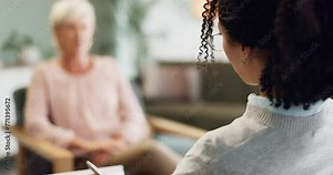 Notes, therapy and woman talking to psychologist for help, support and back closeup. Counseling, session and client in consultation for advice, writing or communication with patient for mental health