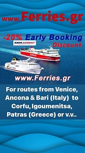 Anek/Superfast Ferries Special Offer. ➡ -20% EARLY BOOKING DISCOUNT ON ADRIATIC ROUTES Valid for reservations and ticket issuance until 29th February 2024. Valid for one way or round trip travel until 31/12/2024. ➡ Ancona: Discount applies on all individual passenger fares, on fares for vehicles up to 6 meters long & 2 meters high, cars with roof box over 2 meters high, trailers up to 2,50 meters long & 2 meters high and on fares for motorcycles. The discount is not applicable to reservations wi