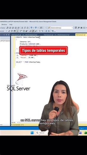 Astrit Valdivia👩🏻‍💻 | 👉🏻En SQL Server, las tablas temporales locales (#) y globales (##) son esenciales para manejar datos temporales, realizar cálculos... | Instagram