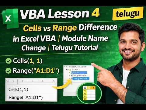 VBA Lesson 4: Cells vs Range Difference in Excel VBA | Module Name Change | Telugu Tutorial