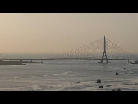 淡江大橋夕陽即時高空俯拍畫面09.20台灣最新地標！世界第一單塔斜張橋 The world's longest single-tower, asymmetric cable-stayed bridge