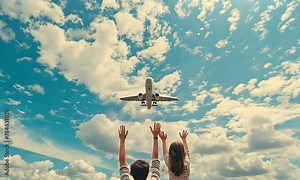 Two waving goodbye to their family who is flying away on an airplane, blue sky with white clouds, back view of two standing together holding up hands in air facing the plane taking off.
