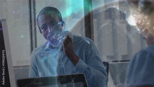 Call center rep receiving incoming call, adjusting headset, speaking while globe overlay growing