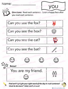 Reading Comprehension Worksheets - Reading with Sight Word: you