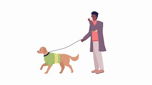 Animated man with dog character. Walk with pet. Wintertime. Full body flat person on white background with alpha channel transparency. Colorful cartoon style HD video footage for animation