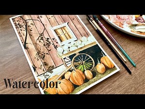Watercolor painting / Farmhouse full of pumpkins / Paint With Me 🌱