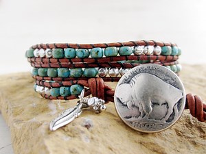 Native American Turquoise and Silver Triple Leather Wrap Bracelet With Buffalo Nickel Button or Indian Head Button and Eagle Feather, Boho - Etsy