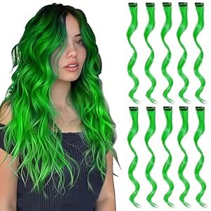Colored Hair Extensions Clip in for Kids Girls Women, 16inch Curly Wavy, 10pieces Green