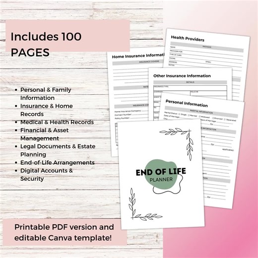 End of Life Printable Planner, Emergency Planner Editable Canva Template PLR, Emergency Binder, Funeral Planner - Etsy