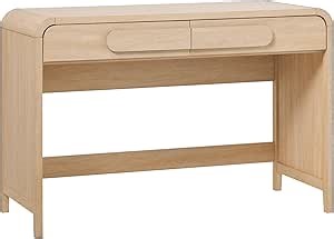 Walker Edison Modern Curved Waterfall Desk with Drawers, Rounded Edge Desk for Home Office or Living Space, Statement Console Table with Oversized Drawer Pulls, 45”W x 20”D x 30”H, Coastal Oak