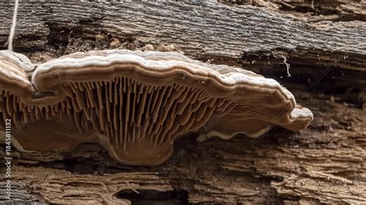 Close Up of Bracket Fungus Gills on Decaying Wood Texture Mycology Nature Detail Macro View in Forest Environment