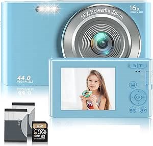 Digital Camera,Kids Camera with 32GB Card 2.7K 44MP Point and Shoot Camera with 16X Digital Zoom 2.4 Inch,Vlogging Camera for Students Teens Adults Girls Boys-Blue3