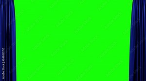 Blue curtain opening with green screen background. Theater stage with blue velvet curtains opening on green screen, black and white background. 3d animation