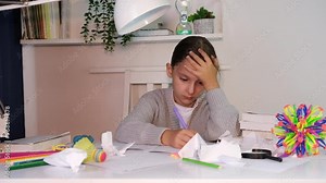 An upset tired child sits at table and does homework among stack of books and scattered toys. Education, school, learning disability, reading difficulty, dyslexia concept. Selective focus.
