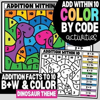 1st Grade Addition Facts to 10 Worksheets | Dinosaur Color-by-Code Math