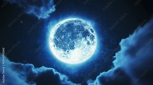 A blue sky portal door with moving clouds appears in space in the night starry sky behind a moving full moon