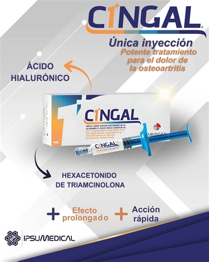 Ipsumedical on Instagram: "CINGAL®️ es la única formulación intraarticular que combina ácido hialurónico (AH) reticulado con hexacetónido de triancinolona proporcionando un inicio rápido de analgesia, respaldado por evidencia clínica. El hexacetónido de triancinolona aporta un efecto antiinflamatorio rápido y sostenido, logrando una reducción significativa del dolor desde las primeras horas–días tras la infiltración. Duración prolongada El AH de alto peso molecular de CINGAL®️ mantiene mejoras e