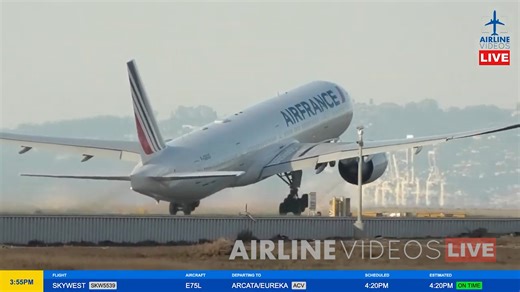 Listen to the power of GE90 engines! Air France 777-300ER takes off from runway 1R at SFO, captured live on the Airline Videos Live broadcast on January 28, 2026. #airlinevideoslive #airlinevideos #airports #aviation #aviationdaily #airplanes #avgeek #boeing777 | AIRLINE VIDEOS