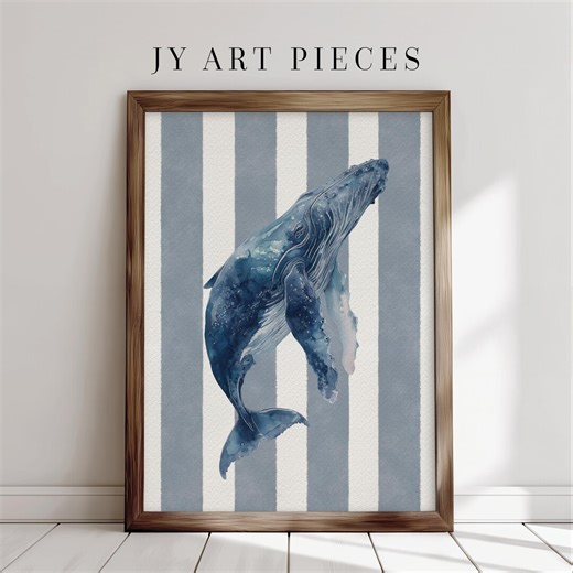 Coastal Whale Wall Art | Blue Whale Print on Stripe Background | Nautical Decor | Instant Download - Etsy