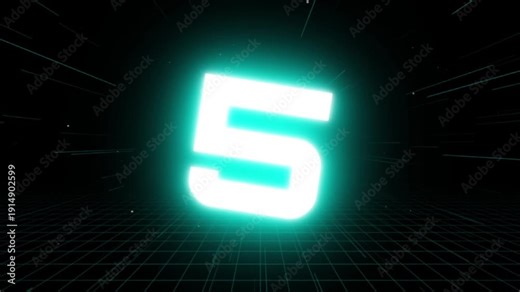 High energy 10 seconds countdown timer from 10 to 1 with cyan neon glowing numbers. Animation style: Vortex Spin. Features a 3D laser tunnel, moving grid floor, starfield particles. Perfect for Top 10