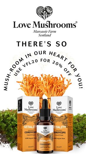 Vegan Food and Living on Instagram: "Get 20% off all Love Mushrooms products with code VFL25 🍄⁠ ⁠ @lovemushroomsuk brings the power of functional mushrooms into everyday life. Based at Marcassie Farm, Scotland, we craft high-potency, organic mushroom supplements designed for modern wellbeing. Using advanced ultrasonic-assisted extraction, we unlock the full potential of mushrooms such as Lion’s Mane, Cordyceps and Reishi, delivering maximum bioavailability and affordability without compromising