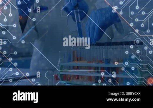 Female lab technician placing test tube into rack, circuit overlay highlighting sample analysis. Laboratory, collaboration, gloves, mask, coats, pipette, vials Stock Video Footage - Alamy