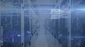Blue code streams appearing near center and drifting across server rack aisle showing data flow