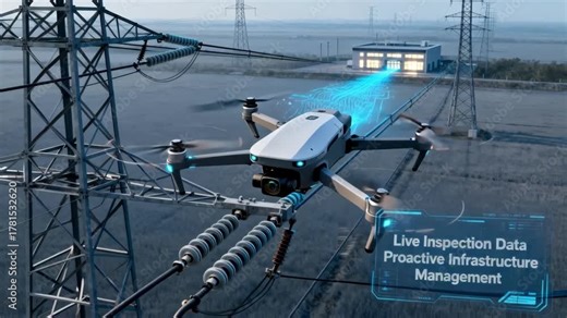 Autonomous inspection drone flying alongside transmission lines transmitting live data to a control center for proactive infrastructure management.