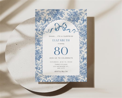80th Birthday Invitation Digital Template Editable Surprise Party Elegant Design Coquette Bow Blue Toile Floral Pattern Printable Card SMS - Etsy