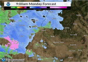 1.8K views · 59 reactions | ❄️Here's a look at our latest model precipitation type for the region for Monday. ️A dusting of snow this morning, switching to rain late morning for the Boise metro area. ️Expect snow amounts totaling 1-3 inches above ~4000 feet MSL for Southeast Oregon and Southwest Idaho. ☔Rain for the Lower Snake River Plain from Mountain Home through the Magic Valley. | US National Weather Service Boise Idaho | Facebook