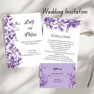 Purple Floral Wedding Invitation Template: Elegant Printable (canva Download) - Etsy