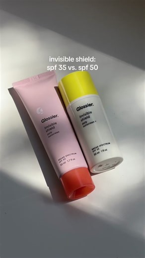Beyond the obvious (SPF 50 vs. SPF 35!!), here are a few more differences between both Invisible Shield formulas ➡️ Drop any other questions for us below!! #glossier #invisibleshield #sunscreen