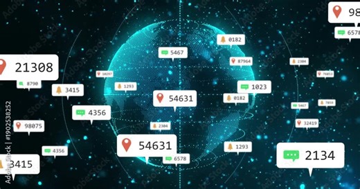 Turquoise globe receiving data, floating labels popping and clustering to show global activity
