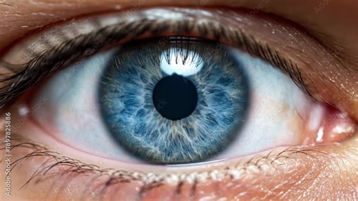 A close-up extreme macro view of a human blue eye with detailed iris and pupil in natural daylight