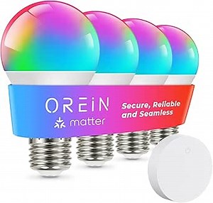 OREiN Matter Smart Light Bulb, Smart Light Bulbs with Remote Control Work with Apple Home, Alexa, Google Home, SmartThings, Color Changing Light Bulbs 2.4Ghz WiFi, 800 Lumens Equivalent 60W 4Pack