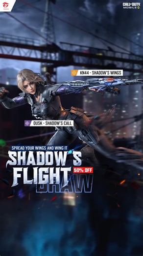 🦅 Shadow's Flight Draw 🏷️ 50% off - Anniversary exclusive Take to the skies and wing it with: 🟣 Dusk - Shadow's Call 🟠 Legendary KN44 - Shadow's Wings Log in and unlock now! ➡️ https://codmgrn.onelink.me/7EoI/PlayCODM #CallOfDutyMobile #CODMGarena #CODMLegendaryDraw | Garena Call of Duty Mobile