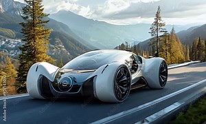 A futuristic white sports car with a clear canopy roof drives on a winding road through a mountain pass.