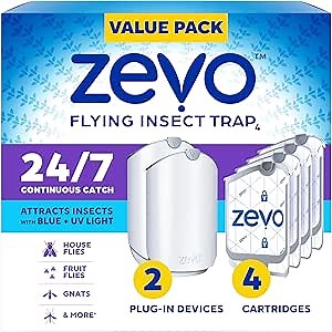 Zevo 2 Flying Insect Traps & 4 Refill Cartridges - Plug in Fly Trap & Indoor Bug Catcher for Gnats, House & Fruit Flies - Blue & UV Light Technology, Mess-Free Alternative to Bug Zapper
