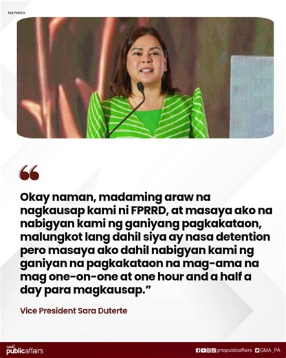‘MALUNGKOT LANG DAHIL SIYA AY NASA DETENTION PERO MASAYA AKO DAHIL NABIGYAN KAMI NG GANIYAN NA PAGKAKATAON NA MAG-AMA NA MAG ONE-ON-ONE’ Ito ang naging pahayag ni Vice President Sara Duterte kaugnay ng pagdiriwang niya ng Pasko habang ang ama niya na si dating Pangulo Rodrigo Duterte ay nasa detention center ng International Criminal Court (ICC) sa The Hague, Netherlands. | GMA Public Affairs