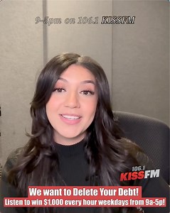 We're not giving away just a few hundred dollars. 🙅‍♂️ 106.1 KISS FM is giving you $1,000 to Delete Your Debt every hour weekdays from 9a-5p! 🎧 Listen to KISS FM now for more chances to win! 1061kissfm.com/listen | 106.1 KISS FM DFW
