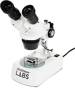 Celestron Labs Stereo Microscope – 10-60x Magnification – Upper and Lower LED Illumination – Includes 2 Viewing Plates and 4 Specimen Blocks